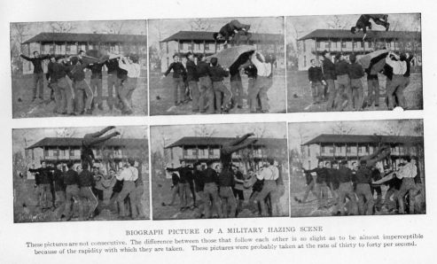 BIOGRAPH PICTURE OF A MILITARY HAZING SCENE These pictures are not consecutive. The difference between those that follow each other is so slight as to be almost imperceptible because of the rapidity with which they are taken. These pictures were probably taken at the rate of thirty to forty per second.