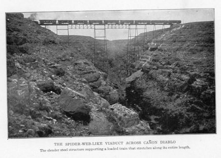 THE SPIDER-WEB-LIKE VIADUCT ACROSS CANON DIABLO The slender steel structure supporting a loaded train that stretches along its entire length.