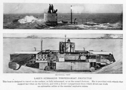 LAKE'S SUBMARINE TORPEDO-BOAT <i>PROTECTOR</i> This boat is designed to travel on the surface, or fully submerged, or on the ocean's bottom. She is provided with wheels that support her when on the bottom, and with a divers' compartment from which divers can work on submarine cables or the enemies' explosive mines.