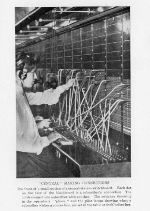 "CENTRAL" MAKING CONNECTIONS The front of a small section of a central-station switchboard. Each dot on the face of the blackboard is a subscriber's connection. The cords connect one subscriber with another. The switches throwing in the operator's "phone", and the pilot lamps showing when a subscriber wishes a connection, are set in the table or shelf before her.