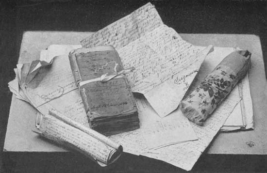 SOME OF THE MANUSCRIPTS: Court papers in Miller vs. Belmonti. Letter from Suzanne. The "Alix MS." Louisa Cheval's letter. Francois's Pages. The War Diary (underneath).