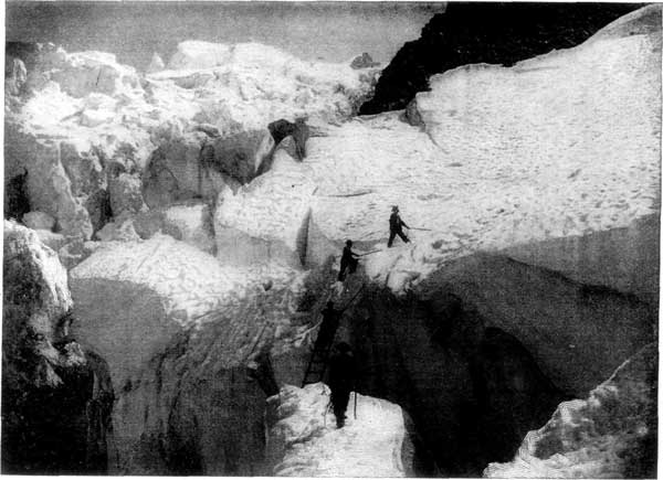 PASSAGE OF A CREVASSE. MONT BLANC.