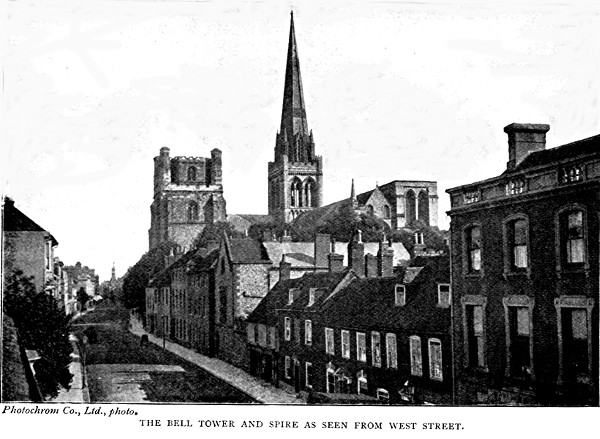 THE BELL TOWER AND SPIRE AS SEEN FROM WEST STREET. Photochrom Co., Ltd., photo.