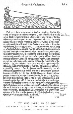 'How the Earth Is Round' Fac-simile of Page 'The Arte of Navigation' London. Edition 1596