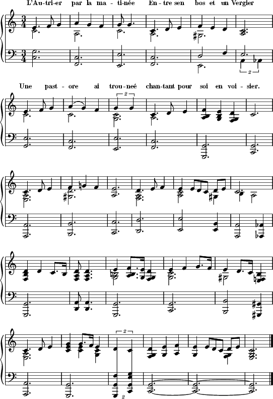 [Figure 41: L'Autrier par la matinée  Entre sen bos et un Vergier  Une pastore ai trouneé  chantant pour soi en voisier.]