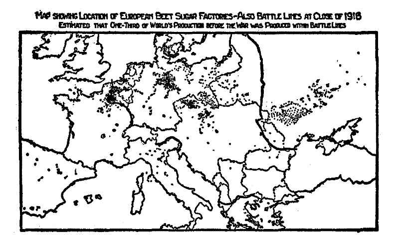 MAP SHOWING LOCATION OF EUROPEAN BEET SUGAR FACTORIES—ALSO BATTLE LINES AT CLOSE OF 1918 ESTIMATED THAT ONE-THIRD OF WORLDS PRODUCTION BEFORE THE WAR WAS PRODUCED WITHIN BATTLE LINES Courtesy American Sugar Refining Co.