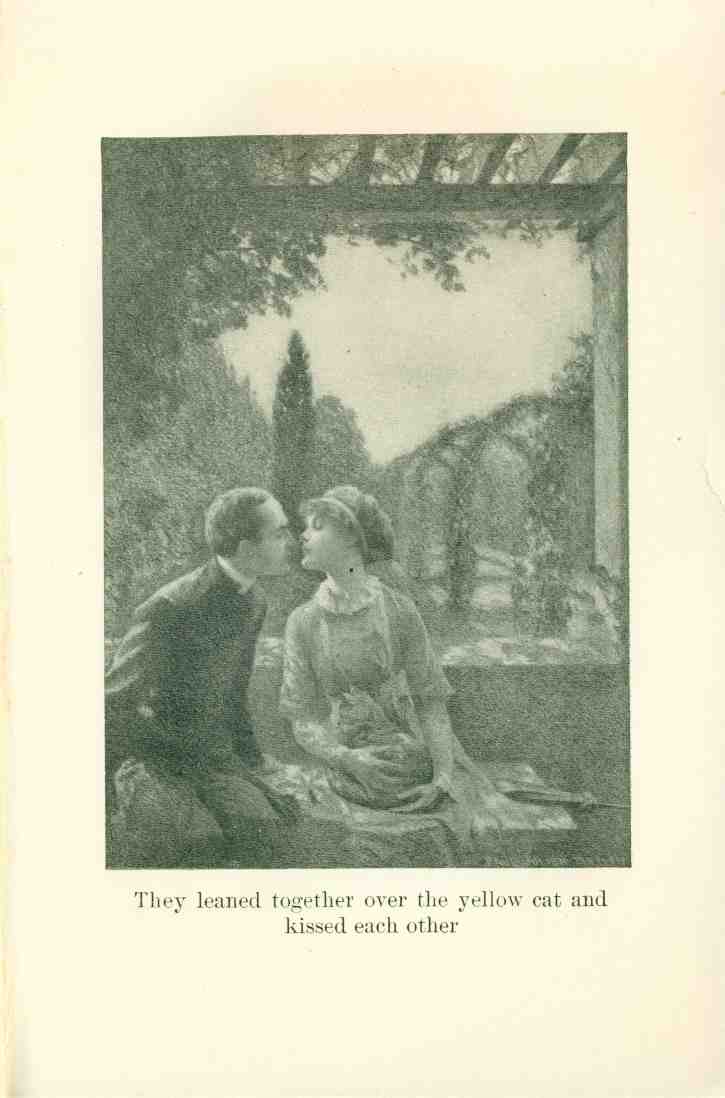 [Illustration: They leaned together over the yellow cat and kissed each other]