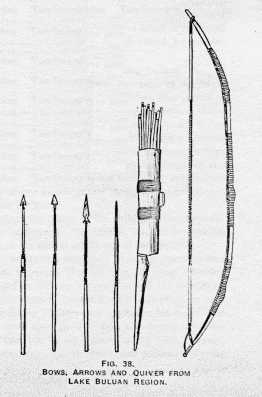 FIG. 38. BOWS, ARROWS AND QUIVER FROM LAKE BULÚAN REGION.