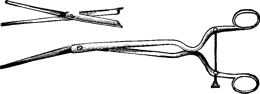 Illustration: Fig. 5.  STOHLMAN'S HYSTEROTOME.  This instrument has two cutting blades which shut past each other, as seen in the lower figure, so as not to cut when introduced into the canal of the uterine neck. After introduction, the cutting blades are separated, as shown in the upper figure, the extent of the incision being regulated by the thumb-screw attached to the handles, as represented in the lower figure.