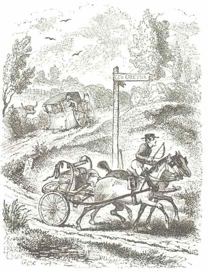 “The Deaf Post-Boy.”  From Clarke’s “Three Courses and a Dessert,” 1830.  Drawn by G. Cruikshank; engraved by S. Williams [?]