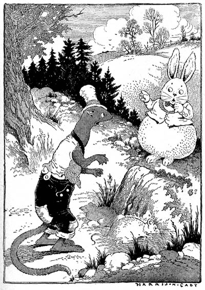 One day Mr. Rabbit surprised Mr. weasel making a meal of young mice. Page 124.