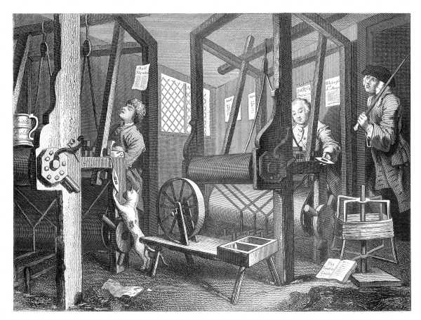 INDUSTRY AND IDLENESS.  PLATE 1.  THE FELLOW 'PRENTICES AT THEIR LOOMS.