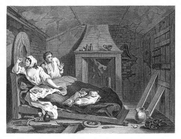 INDUSTRY AND IDLENESS.  PLATE 7.  THE IDLE 'PRENTICE RETURNED FROM SEA, AND IN THE A GARRET WITH A PROSTITUTE.