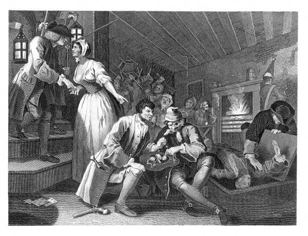 INDUSTRY AND IDLENESS.  PLATE 9.  THE IDLE 'PRENTICE BETRAYED BY A PROSTITUTE.