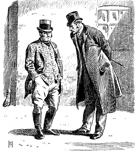 Two dapper Victorian gentleman in discussion.