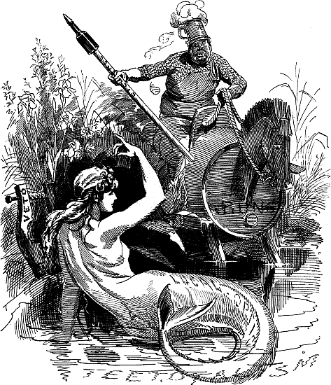 Caricatured German straddling a beer barrel hobby horse and a mermaid.