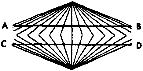 Converging straight lines bisecting two parallel horizons, AB and CD.