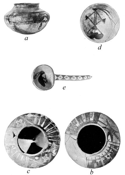 PL. CXLII— VASES, BOWL, AND LADLE, WITH FIGURES OF FEATHERS, FROM SIKYATKI