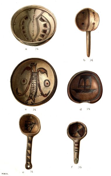 PL. CXXXIII— BOWLS AND DIPPERS WITH FIGURES OF TADPOLES, BIRDS, ETC. FROM SIKYATKI