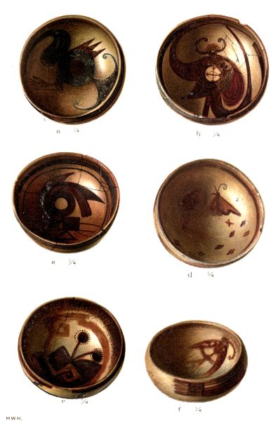 PL. CXXXIV— FOOD BOWLS WITH FIGURES OF SUN, BUTTERFLY, AND FLOWER FROM SIKYATKI