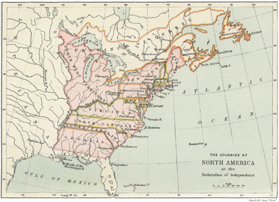 map of colonies in North America when Independence declared