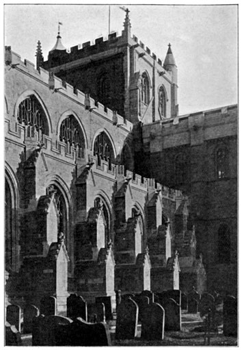 Photo of the the cathedral, showing junction of Transitional and Perpendicular work in the Tower.