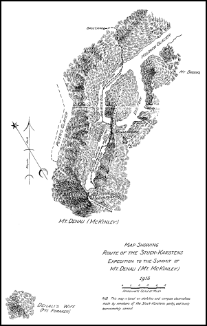 Map Showing Route of the Stuck-Karstens Expedition to the Summit of Mt. Denali (Mt. McKinley) 1913.