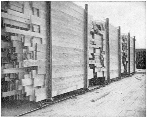 Cars Loaded with Lumber on its Edges by the Automatic Lumber Stackers