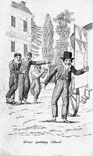 Henry quitting School.  ILLUSTRATION FROM "SKETCHES OF JUVENILE CHARACTERS" (E. WALLIS. 1818)