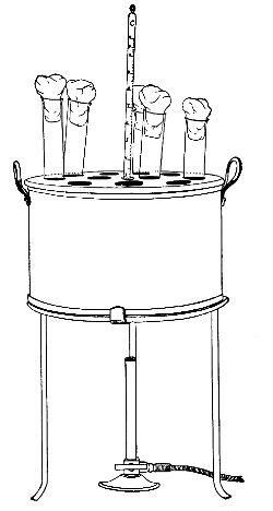 Fig. 121.—Handy form of water-bath for melting tubes of agar and gelatine previous to slanting them; or to making shake cultures or pouring plates.