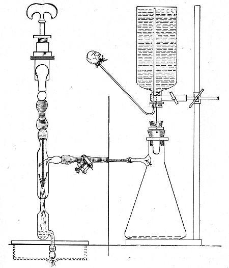 Fig. 209.—Water filtering apparatus. That portion of the figure to the left of the vertical line is drawn to a larger scale than that on the right, in order to show details of Sprengel's pump.