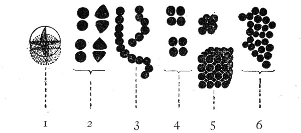 Fig. 83.—Types of bacteria—cocci: 1, Diagram of sphere indicating planes of fission; 2, diplococci; 3, streptococci; 4, tetrads; 5, sarcinæ; 6, staphylococci.