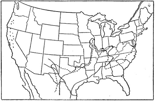 Fig. 1. Approximate Pecan areas. Native areas within solid line. Cultural area within dotted line.