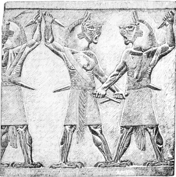 Fig. 6.—Demons; from the palace of Assurbanipal at Kouyundjik. British Museum. Drawn by Saint-Elme Gautier.