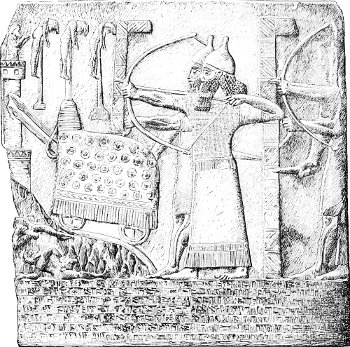 Fig. 26.—Bas-relief of Tiglath Pileser II.; from Nimroud. British Museum. Height 44 inches. Drawn by Saint-Elme Gautier.