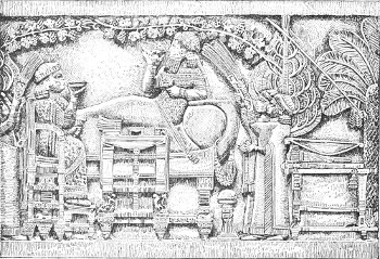 Fig. 28.—Feast of Assurbanipal, continued. No. 2, The king and queen at table. Drawn by Saint-Elme Gautier.