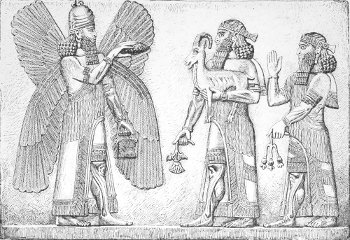 Fig. 29.—Offerings to a god; Alabaster relief. Louvre. Height 10 feet. Drawn by Saint-Elme Gautier.