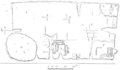 Fig. 145.—General plan of the remains at Nimroud; from Layard. 1, 2, 3 Trenches, 4 Central palace, 5 Tombs, 6 South-eastern edifice, 7 South-western palace, 8 North-western palace, 9 High pyramidal mound.