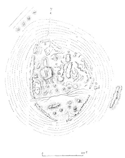 Fig. 167.—Map of the ruins of Mugheir; from Taylor.  H, H, H, H, circumference of 2,946 yards; a, platform of house; b, pavement at edge of platform; c, tomb mound; d, e, g, h, k, l, m, points at which excavations were made; f, f, f, f, comparatively open space with very low mounds; n, n, graves; o, the great two-storied ruin.