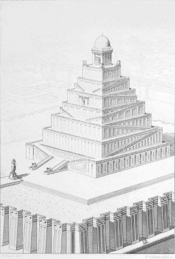 PLATE III. CHALDÆAN TEMPLE SQUARE ON PLAN AND WITH DOUBLE RAMP Restored by Ch. Chipiez.