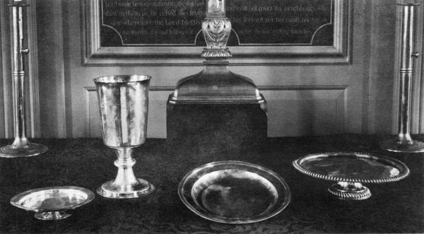 Jamestown Church Communion Service  Chalice and paten given by Governor Francis Moryson, in 1661. Both bearing the inscription: Mix not holy things with profane. Ex dono Francisco Morrison, Armigeri Anno Domi, 1661.  Large paten at the right given by Sir Edmund Andros, Governor, 1694. Inscribed: In usum Ecclesiae Jacobi-Polis. Ex dono Dni Edmundi Andros, Equitis, Virginiae Gubernatoris, Anno Dom. MDCXCIV.  Alms basin, London, 1739. Second on the right. Inscription: For the use of James City Parish Church. Given by the old church at Jamestown in 1758 to Bruton Parish Church.  Courtesy Miss Emily Hall