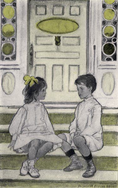 Illustration: Girl and boy on front steps.