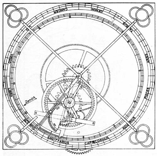 Astronomical Clock of de Dondi, showing gearing on the dial for Mercury and escapement crown wheel. Each of the seven side walls of the structure shown in figure 1 was fitted with a dial.