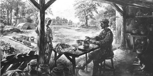 Pottery-making as it may have been done in the early years at Jamestown where such work was carried on. A painting by Sidney King for Colonial National Historical Park.