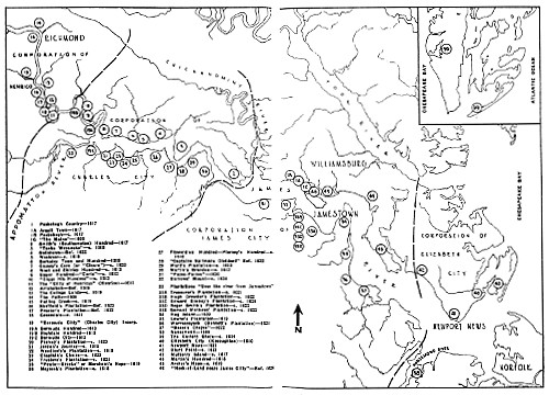 Towns, Plantations, Settlements and Communities in Virginia: 1607-1624. (The sites of Richmond, Williamsburg and Norfolk are shown but the cities did not exist at the time.)