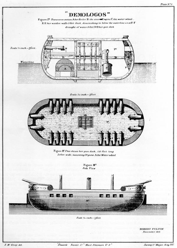 Plate No. 1. ‘DEMOLOGOS’ Figure 1st. Transverse section A her Boiler. B the steam Engine. C the water wheel. E E her wooden walls 5 feet thick, diminishing to below the waterline as at F.F draught of water 9 feet D D her gun deck Scale 1/12 inch=1 foot Waterline Scale 1/24 inch=1 foot Figure IId This shews her gun deck, 140 feet long 24 feet wide, mounting 20 guns. A the Water wheel Figure IIId Side View Scale 1/24 inch=1 foot ROBERT FULTON November 1813. S Mc Elroy del. "Stuart's Naval & Mail Steamers U.S." Sarony & Major. Eng. N.Y.