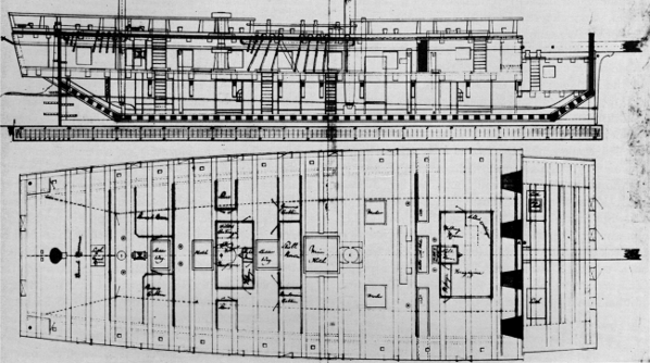 Figure 5.—Floating battery Spanker built, in England by William Barnard, at Deptford on the Thames, and launched June 14, 1794. Rigged as a bomb ketch, its length is 111 feet 7 inches in the keel, extreme beam 42 feet 4 inches, depth of hold 8 feet. Upper deck plan also shown.