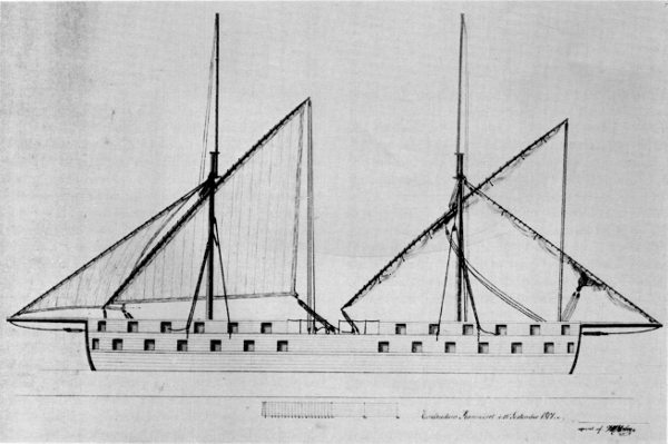 Figure 8.—Danish copy of original sail plan of Robert Fulton's Steam Battery, dated September 12, 1817, in Rigsarkivet, Copenhagen.