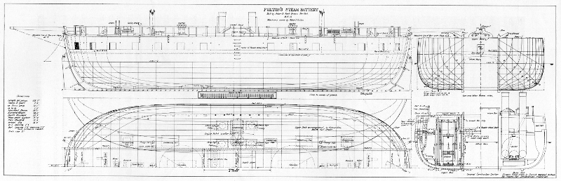 Figure 9.—Lines of Fulton's Steam Battery, as reconstructed for a model in the Museum of History and Technology.