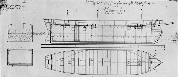 Figure 20.—Lines of steamer Congo, built in 1815-1816 for the British Admiralty and converted to a sailing survey vessel. From Admiralty Collection of Draughts, National Maritime Museum, Greenwich.